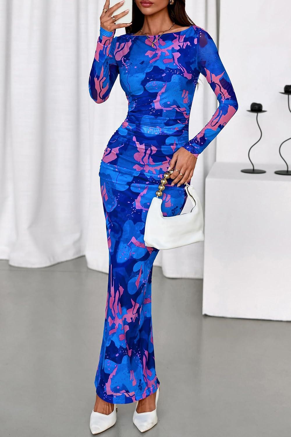 imagePRETTYGARDEN Womens Long Sleeve Bodycon Dresses 2026 Spring Sexy Floral Mesh Slit Ruched Tight Maxi Wedding Guest DressBlue Pink Flower
