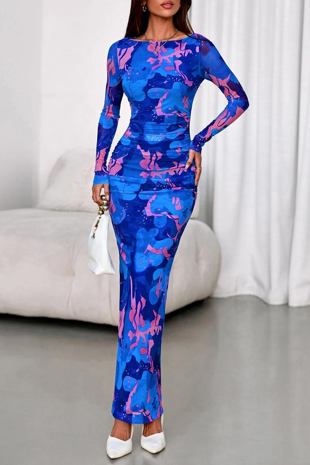 imagePRETTYGARDEN Womens Long Sleeve Bodycon Dresses 2026 Spring Sexy Floral Mesh Slit Ruched Tight Maxi Wedding Guest DressBlue Pink Flower
