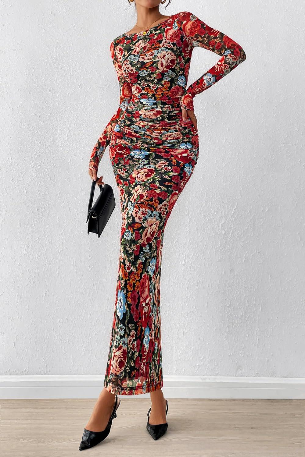 imagePRETTYGARDEN Womens Long Sleeve Bodycon Dresses 2026 Spring Sexy Floral Mesh Slit Ruched Tight Maxi Wedding Guest DressFloral Black Multicolored