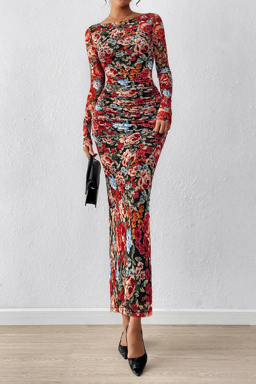 imagePRETTYGARDEN Womens Long Sleeve Bodycon Dresses 2026 Spring Sexy Floral Mesh Slit Ruched Tight Maxi Wedding Guest DressFloral Black Multicolored