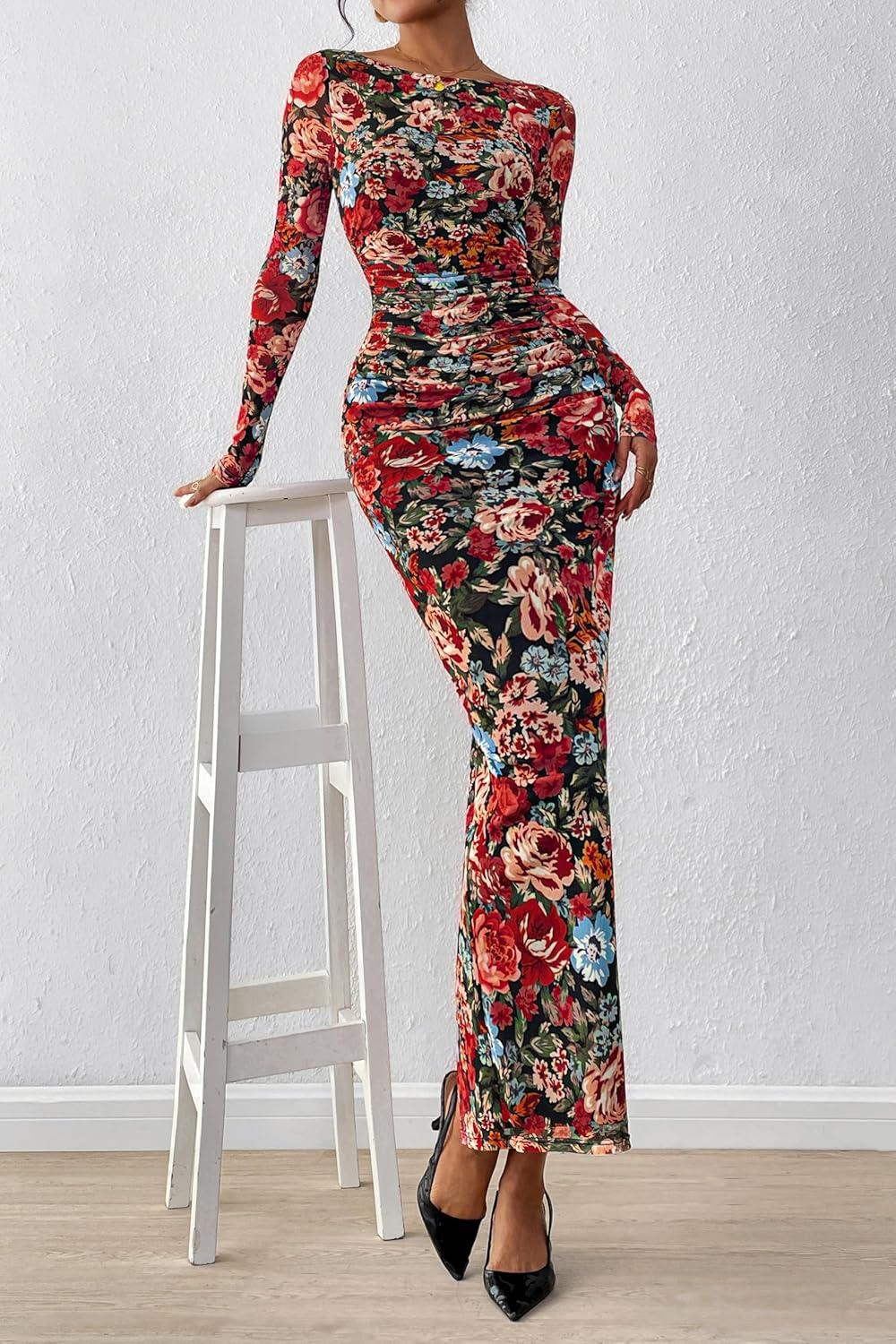 imagePRETTYGARDEN Womens Long Sleeve Bodycon Dresses 2026 Spring Sexy Floral Mesh Slit Ruched Tight Maxi Wedding Guest DressFloral Black Multicolored