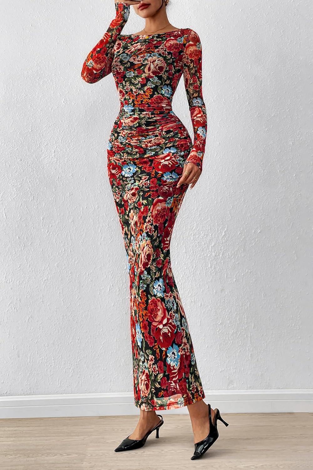 imagePRETTYGARDEN Womens Long Sleeve Bodycon Dresses 2026 Spring Sexy Floral Mesh Slit Ruched Tight Maxi Wedding Guest DressFloral Black Multicolored