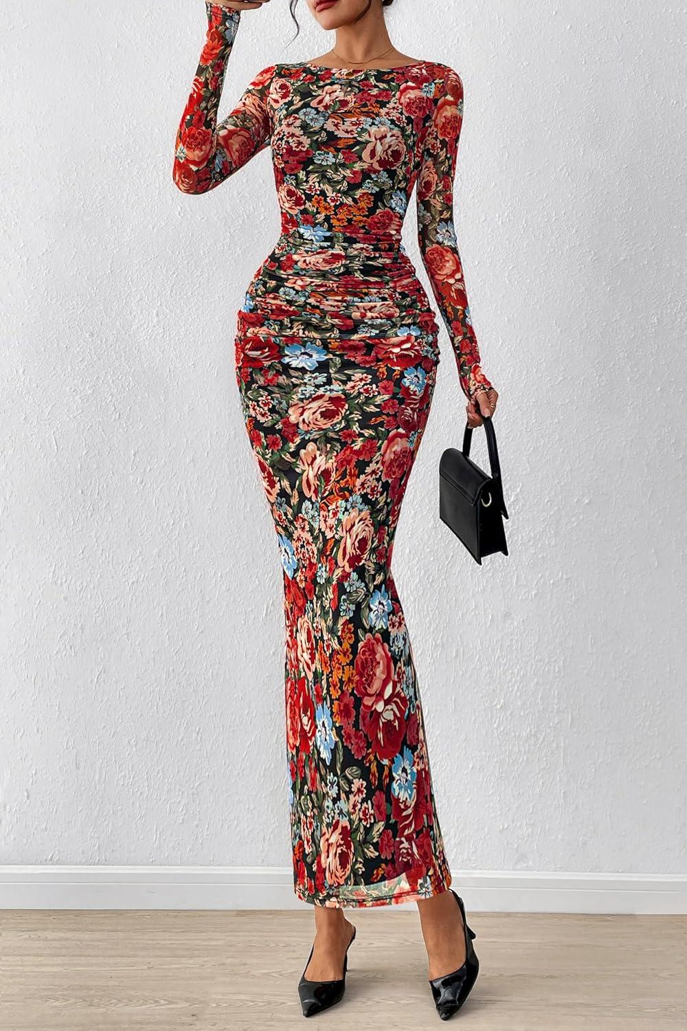 imagePRETTYGARDEN Womens Long Sleeve Bodycon Dresses 2026 Spring Sexy Floral Mesh Slit Ruched Tight Maxi Wedding Guest DressFloral Black Multicolored