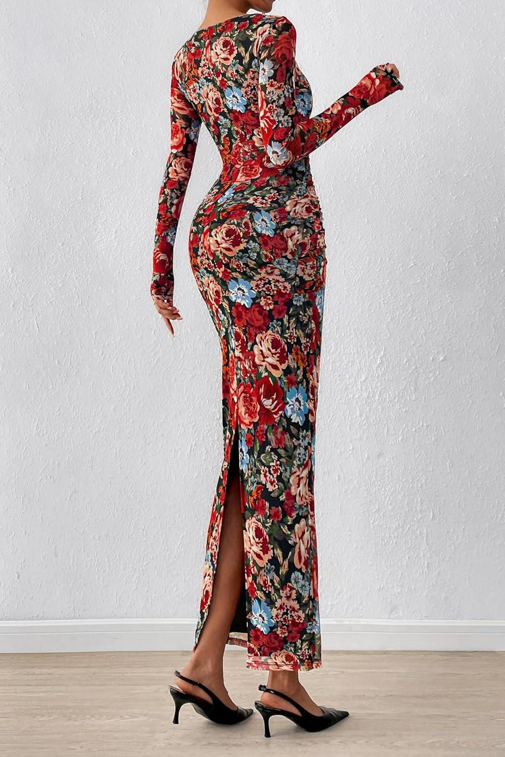 imagePRETTYGARDEN Womens Long Sleeve Bodycon Dresses 2026 Spring Sexy Floral Mesh Slit Ruched Tight Maxi Wedding Guest DressFloral Black Multicolored
