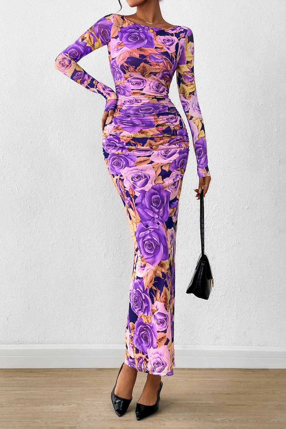 imagePRETTYGARDEN Womens Long Sleeve Bodycon Dresses 2026 Spring Sexy Floral Mesh Slit Ruched Tight Maxi Wedding Guest DressFloral Grey Purple