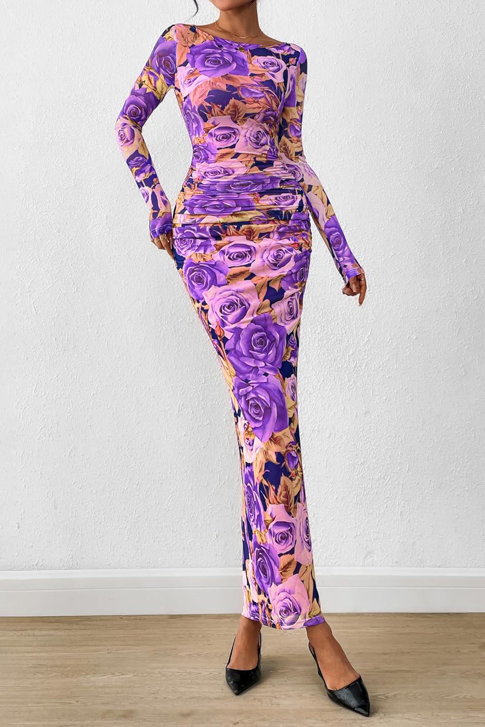 imagePRETTYGARDEN Womens Long Sleeve Bodycon Dresses 2026 Spring Sexy Floral Mesh Slit Ruched Tight Maxi Wedding Guest DressFloral Grey Purple