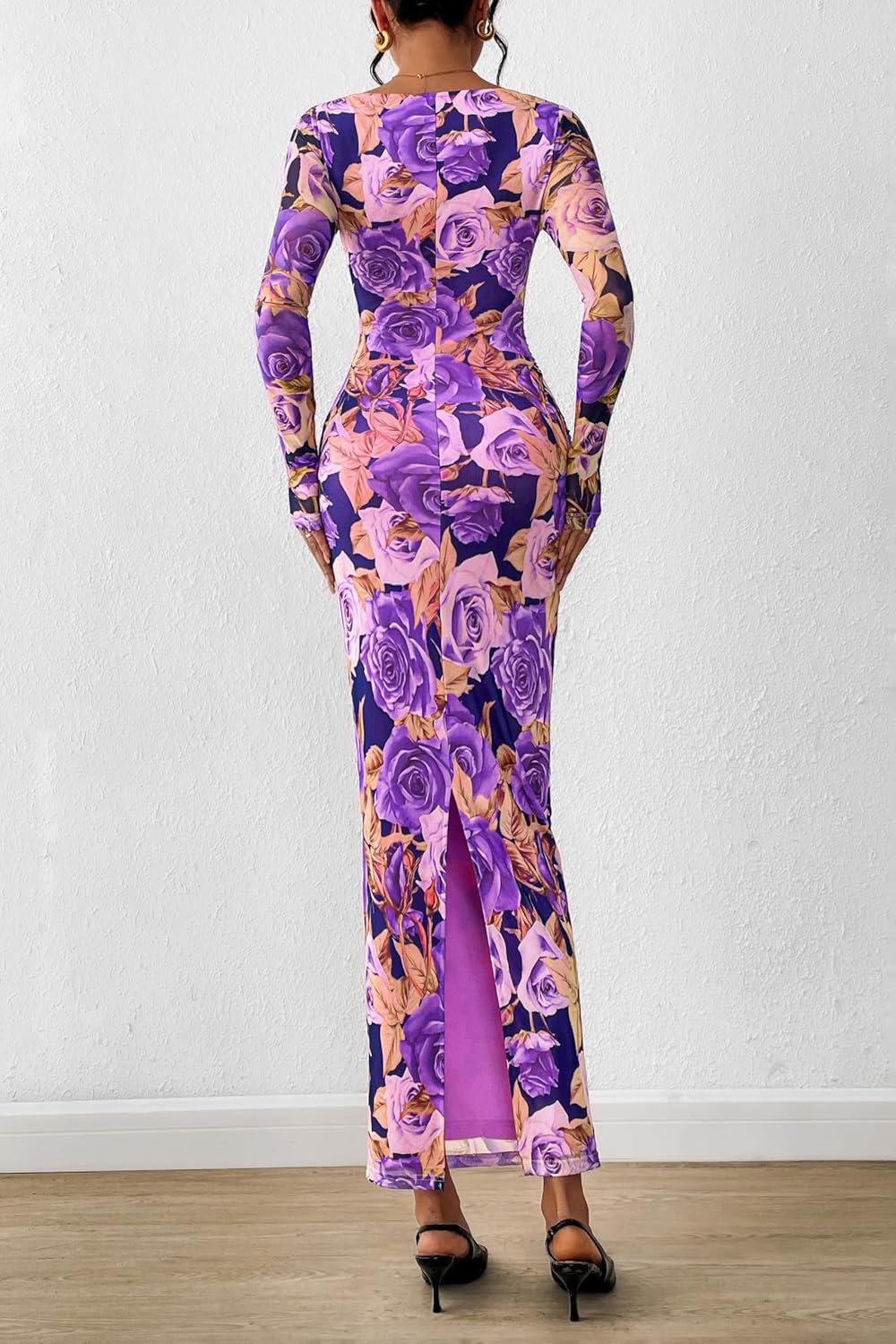 imagePRETTYGARDEN Womens Long Sleeve Bodycon Dresses 2026 Spring Sexy Floral Mesh Slit Ruched Tight Maxi Wedding Guest DressFloral Grey Purple
