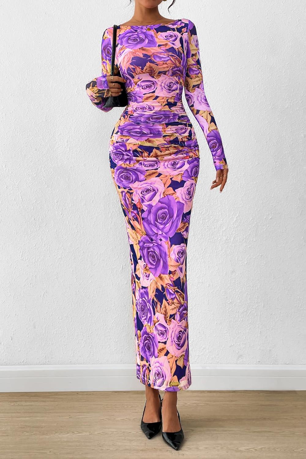 imagePRETTYGARDEN Womens Long Sleeve Bodycon Dresses 2026 Spring Sexy Floral Mesh Slit Ruched Tight Maxi Wedding Guest DressFloral Grey Purple