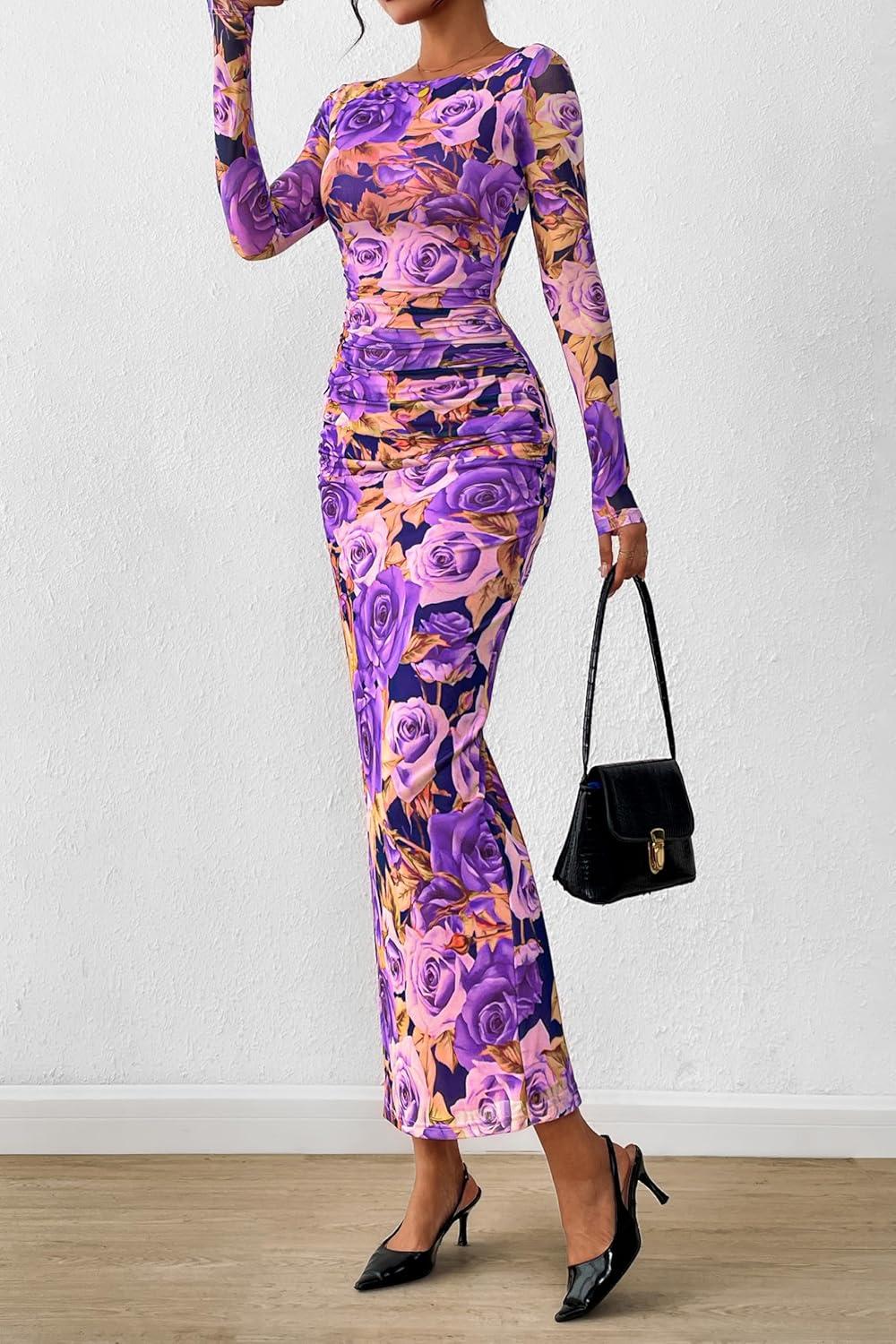 imagePRETTYGARDEN Womens Long Sleeve Bodycon Dresses 2026 Spring Sexy Floral Mesh Slit Ruched Tight Maxi Wedding Guest DressFloral Grey Purple