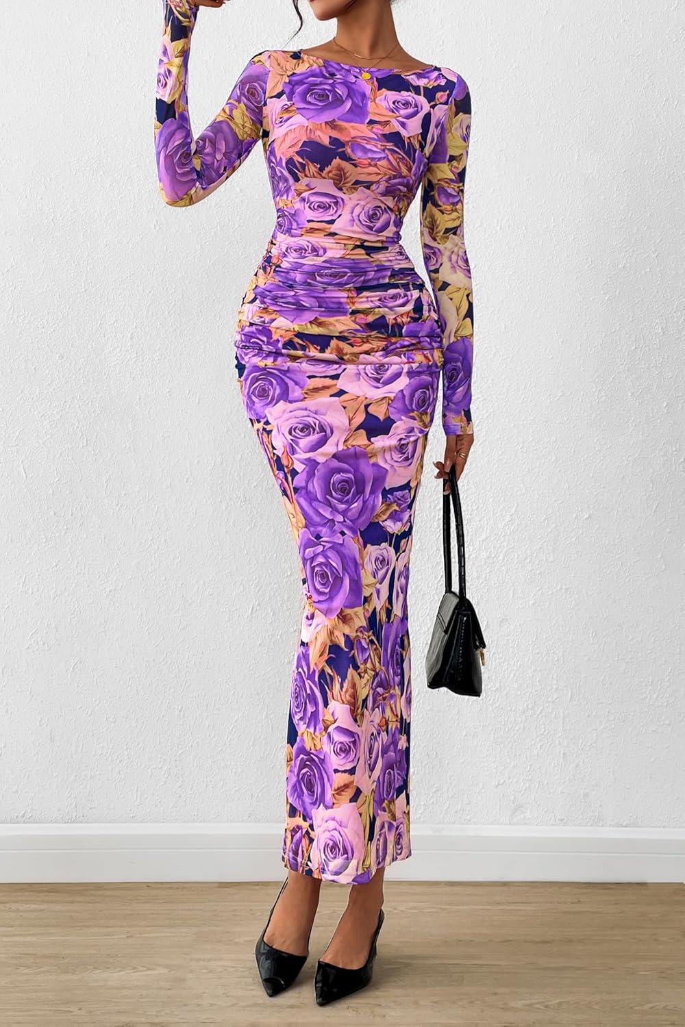imagePRETTYGARDEN Womens Long Sleeve Bodycon Dresses 2026 Spring Sexy Floral Mesh Slit Ruched Tight Maxi Wedding Guest DressFloral Grey Purple