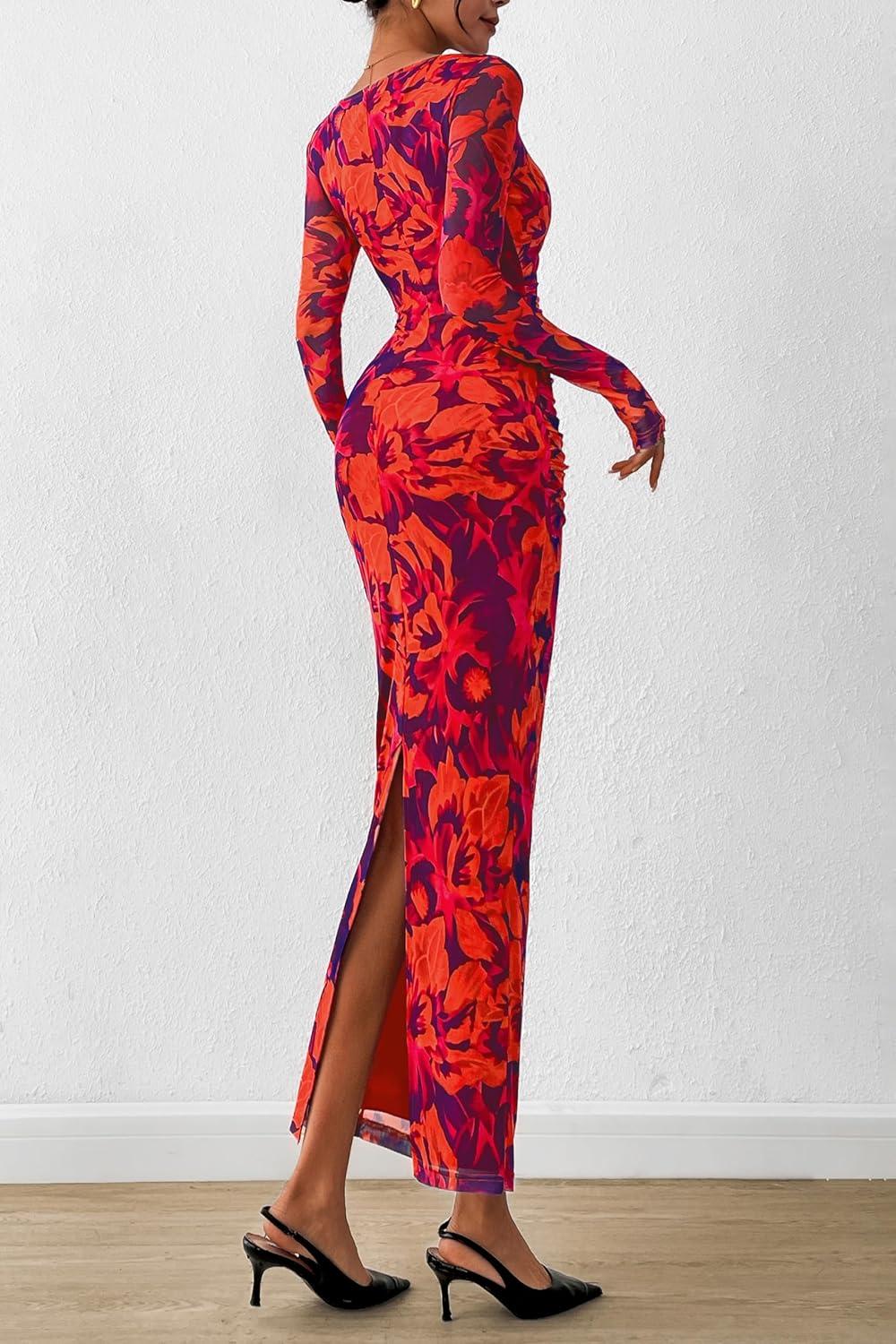 imagePRETTYGARDEN Womens Long Sleeve Bodycon Dresses 2026 Spring Sexy Floral Mesh Slit Ruched Tight Maxi Wedding Guest DressPurple Orange