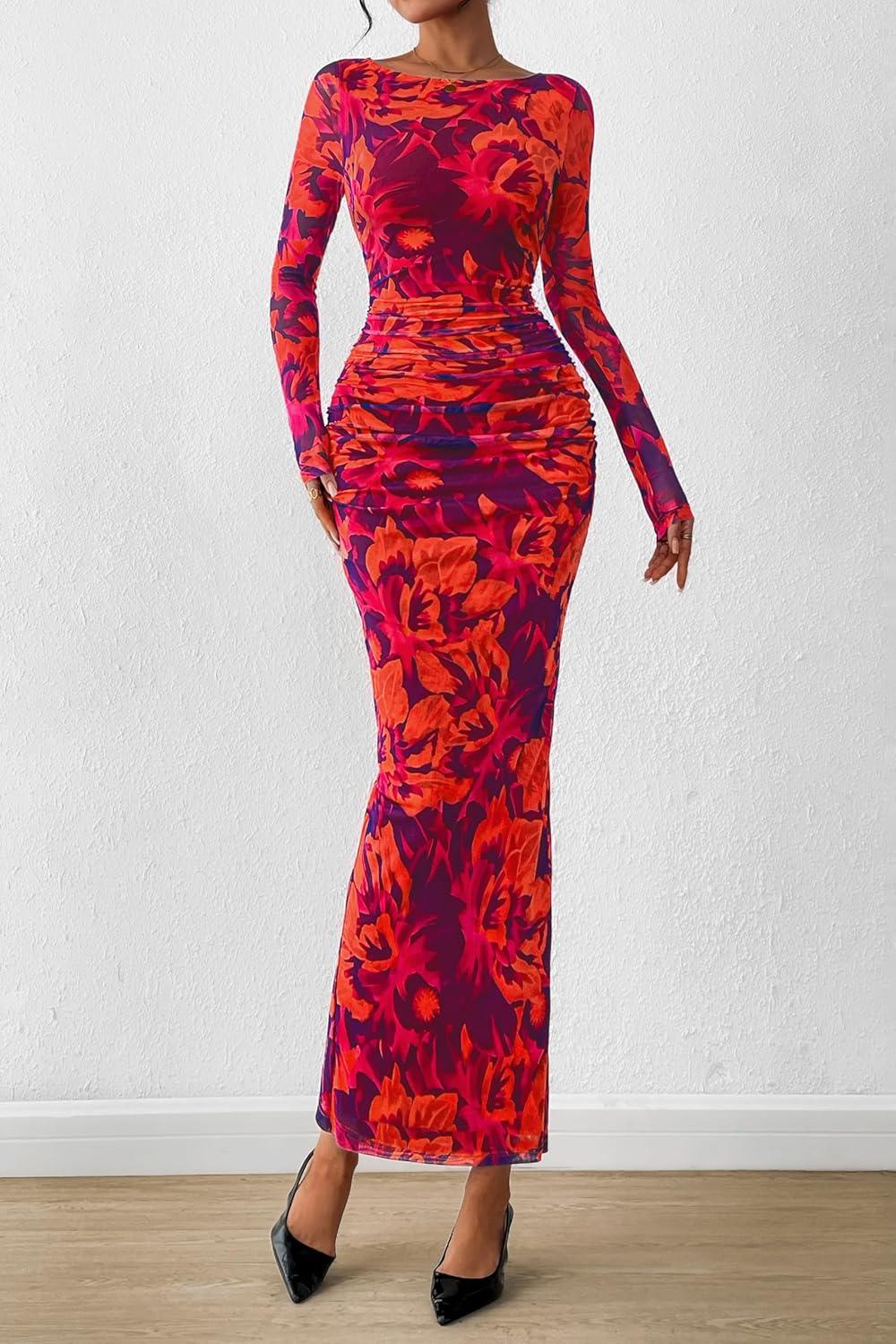 imagePRETTYGARDEN Womens Long Sleeve Bodycon Dresses 2026 Spring Sexy Floral Mesh Slit Ruched Tight Maxi Wedding Guest DressPurple Orange