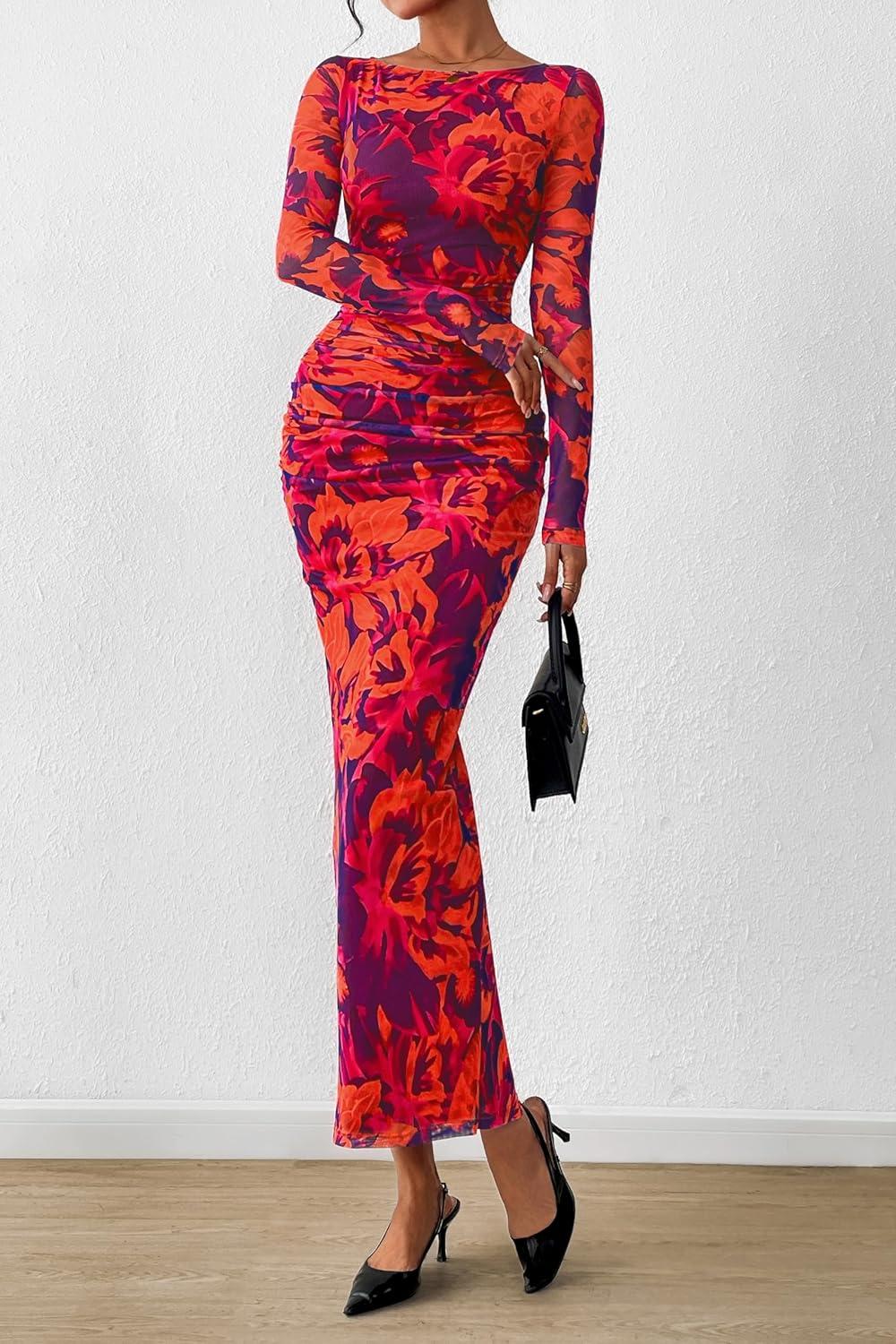 imagePRETTYGARDEN Womens Long Sleeve Bodycon Dresses 2026 Spring Sexy Floral Mesh Slit Ruched Tight Maxi Wedding Guest DressPurple Orange
