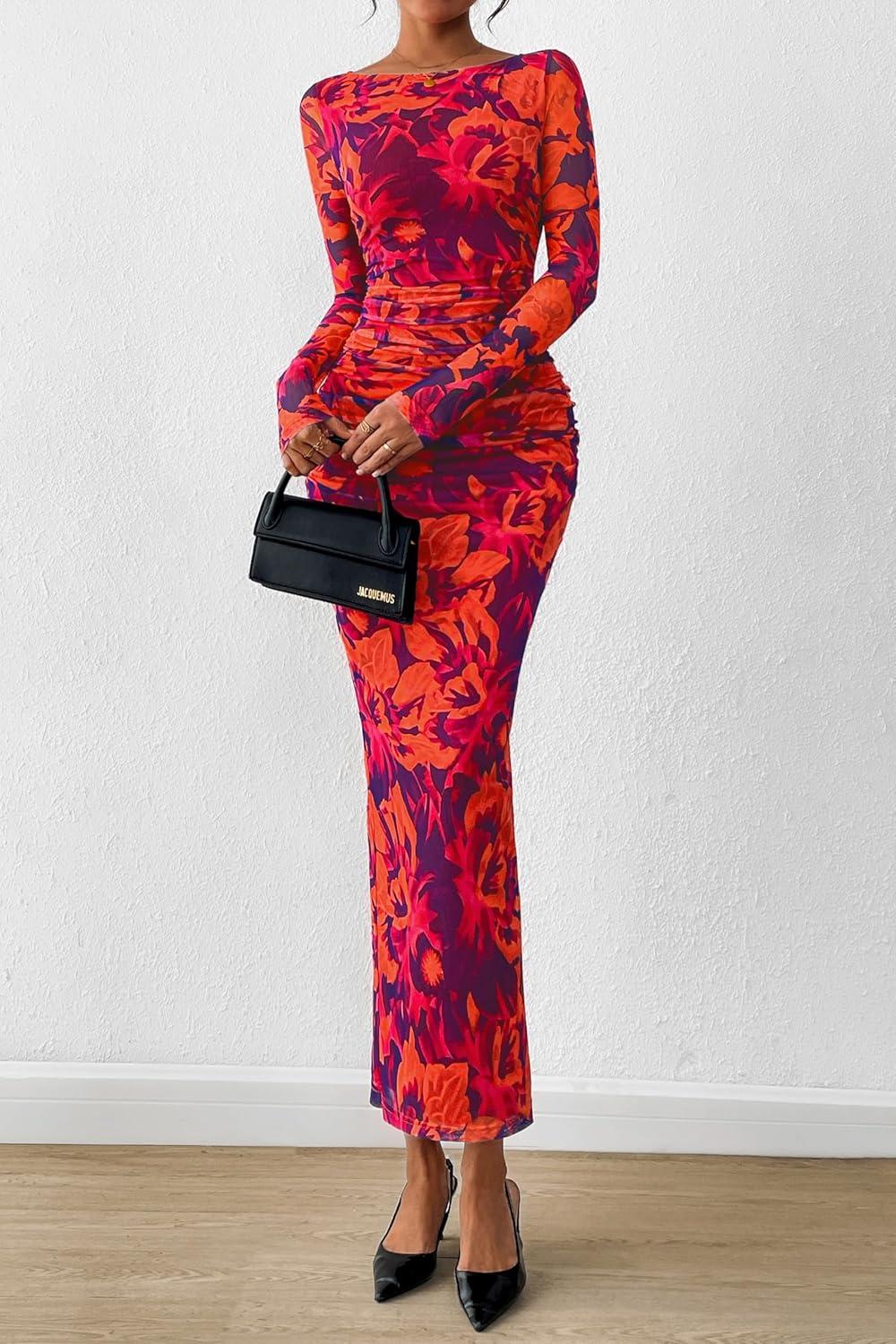 imagePRETTYGARDEN Womens Long Sleeve Bodycon Dresses 2026 Spring Sexy Floral Mesh Slit Ruched Tight Maxi Wedding Guest DressPurple Orange
