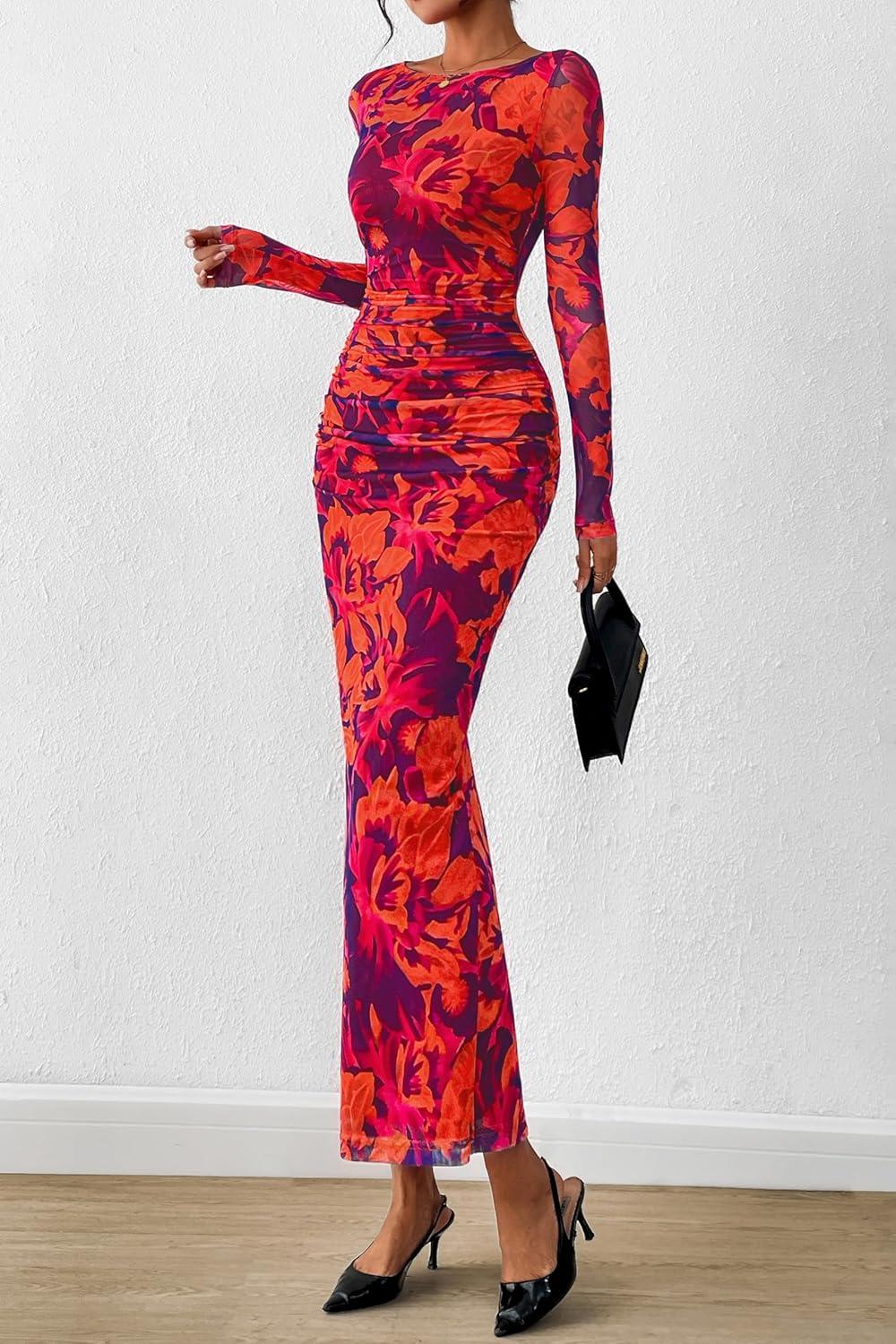 imagePRETTYGARDEN Womens Long Sleeve Bodycon Dresses 2026 Spring Sexy Floral Mesh Slit Ruched Tight Maxi Wedding Guest DressPurple Orange