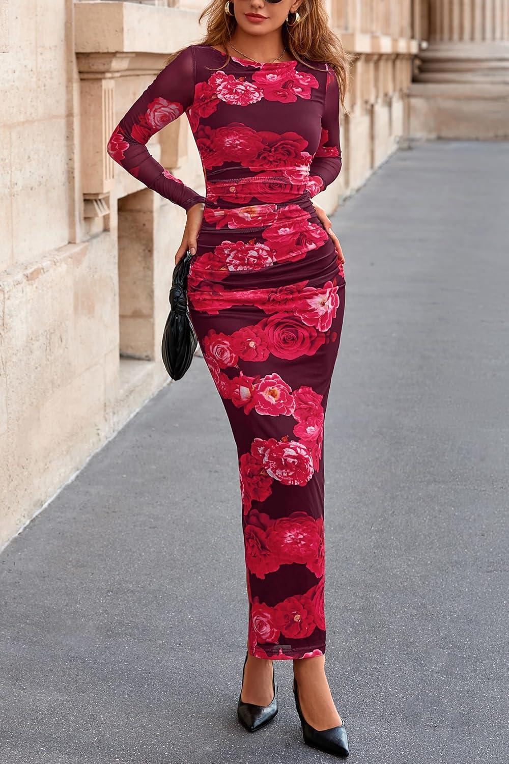 imagePRETTYGARDEN Womens Long Sleeve Bodycon Dresses 2026 Spring Sexy Floral Mesh Slit Ruched Tight Maxi Wedding Guest DressRed Flower