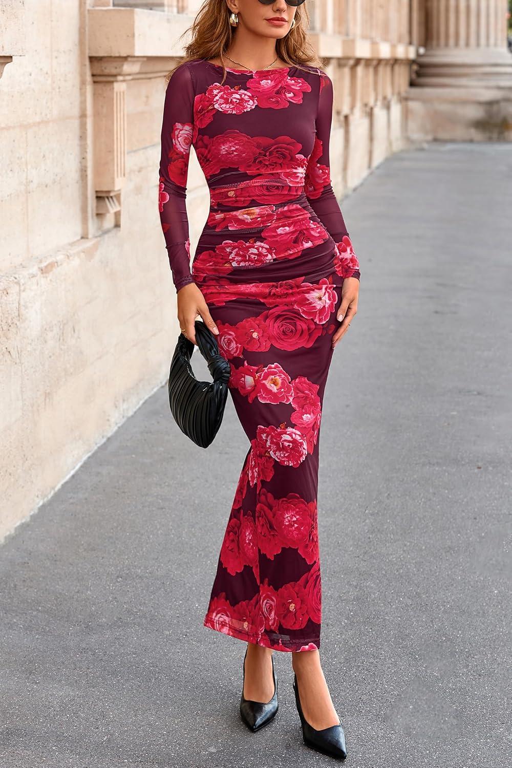 imagePRETTYGARDEN Womens Long Sleeve Bodycon Dresses 2026 Spring Sexy Floral Mesh Slit Ruched Tight Maxi Wedding Guest DressRed Flower