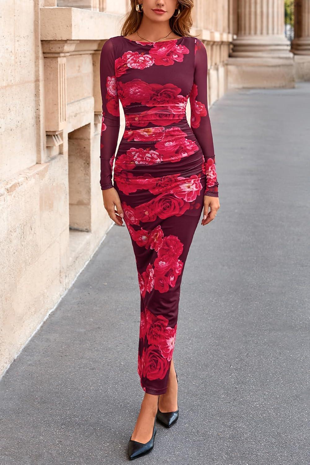 imagePRETTYGARDEN Womens Long Sleeve Bodycon Dresses 2026 Spring Sexy Floral Mesh Slit Ruched Tight Maxi Wedding Guest DressRed Flower
