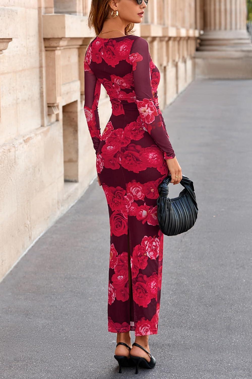 imagePRETTYGARDEN Womens Long Sleeve Bodycon Dresses 2026 Spring Sexy Floral Mesh Slit Ruched Tight Maxi Wedding Guest DressRed Flower