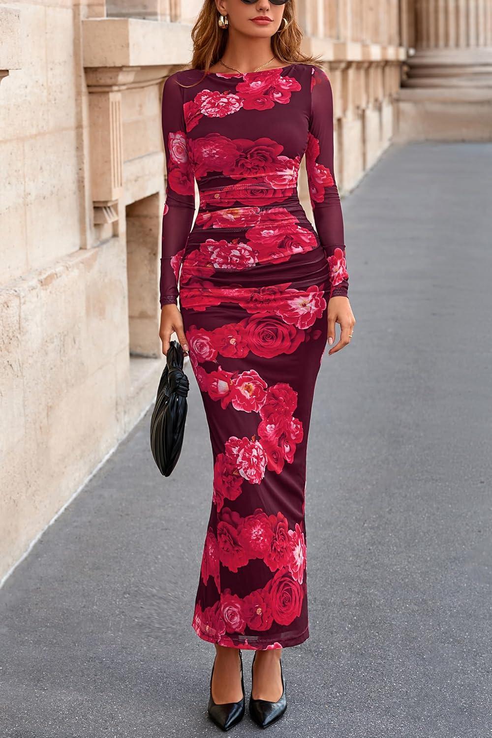 imagePRETTYGARDEN Womens Long Sleeve Bodycon Dresses 2026 Spring Sexy Floral Mesh Slit Ruched Tight Maxi Wedding Guest DressRed Flower