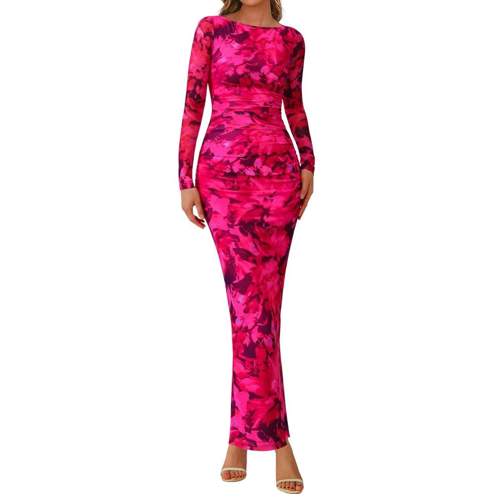 imagePRETTYGARDEN Womens Long Sleeve Bodycon Dresses 2026 Spring Sexy Floral Mesh Slit Ruched Tight Maxi Wedding Guest DressBlack Rose Red Big Flower
