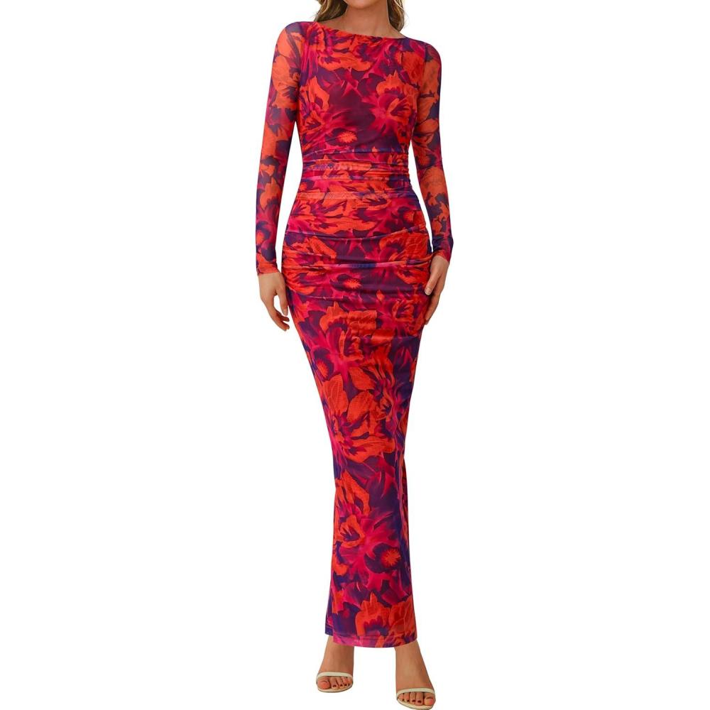 imagePRETTYGARDEN Womens Long Sleeve Bodycon Dresses 2026 Spring Sexy Floral Mesh Slit Ruched Tight Maxi Wedding Guest DressPurple Orange