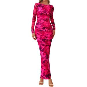 PRETTYGARDEN Women’s Long Sleeve Bodycon Dresses 2026 Spring Sexy Floral Mesh Slit Ruched Tight Maxi Wedding Guest Dress(Black Rose Red Big Flower)