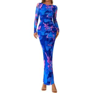 PRETTYGARDEN Women’s Long Sleeve Bodycon Dresses 2026 Spring Sexy Floral Mesh Slit Ruched Tight Maxi Wedding Guest Dress(Blue Pink Flower)