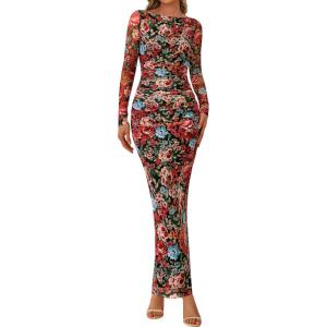 PRETTYGARDEN Women’s Long Sleeve Bodycon Dresses 2026 Spring Sexy Floral Mesh Slit Ruched Tight Maxi Wedding Guest Dress(Floral Black Multicolored)