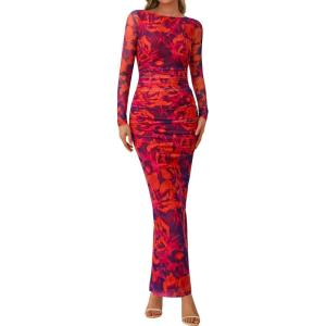 PRETTYGARDEN Women’s Long Sleeve Bodycon Dresses 2026 Spring Sexy Floral Mesh Slit Ruched Tight Maxi Wedding Guest Dress(Purple Orange)