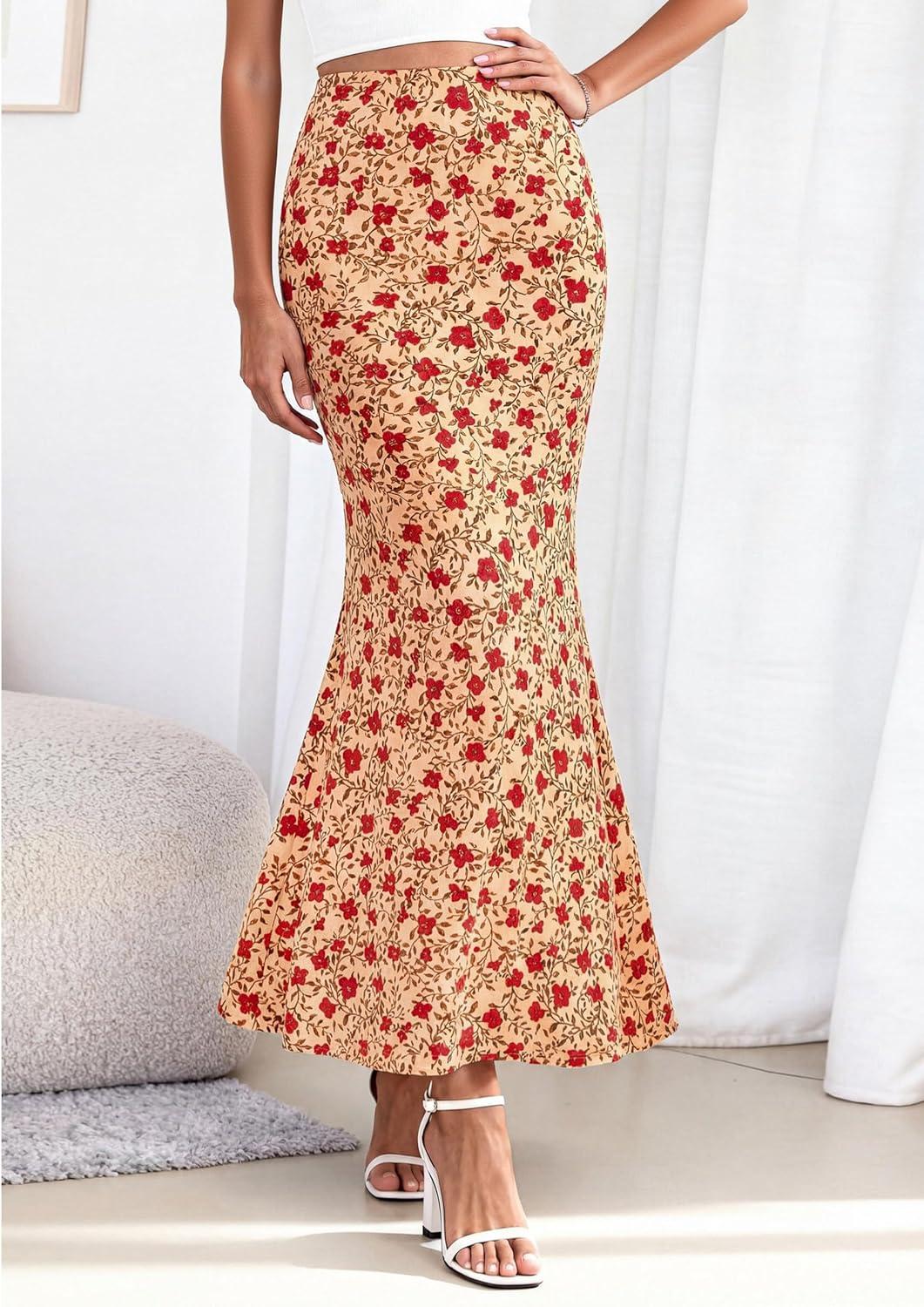 imagePRETTYGARDEN Maxi Skirts for Women 2026 Summer Flowy High Waisted Polka Dot Mermaid Office Work Spring Fashion Long SkirtBeige Red Flower