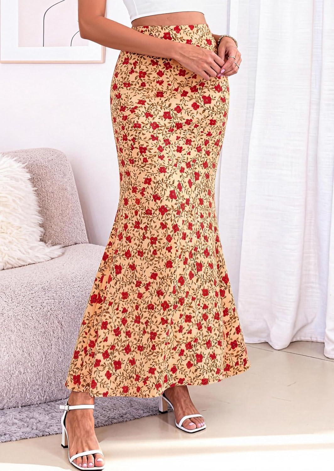imagePRETTYGARDEN Maxi Skirts for Women 2026 Summer Flowy High Waisted Polka Dot Mermaid Office Work Spring Fashion Long SkirtBeige Red Flower