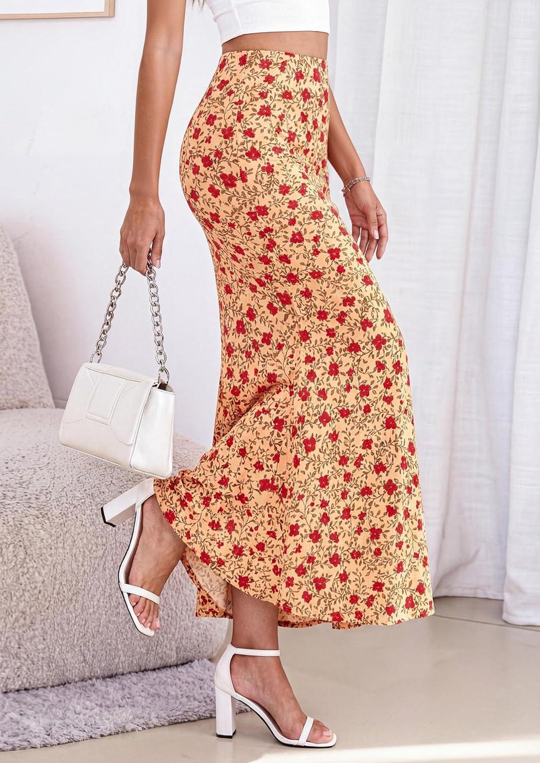 imagePRETTYGARDEN Maxi Skirts for Women 2026 Summer Flowy High Waisted Polka Dot Mermaid Office Work Spring Fashion Long SkirtBeige Red Flower
