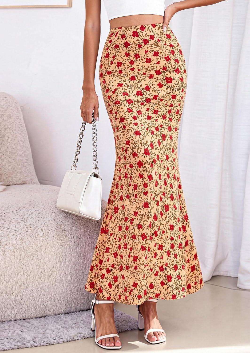 imagePRETTYGARDEN Maxi Skirts for Women 2026 Summer Flowy High Waisted Polka Dot Mermaid Office Work Spring Fashion Long SkirtBeige Red Flower