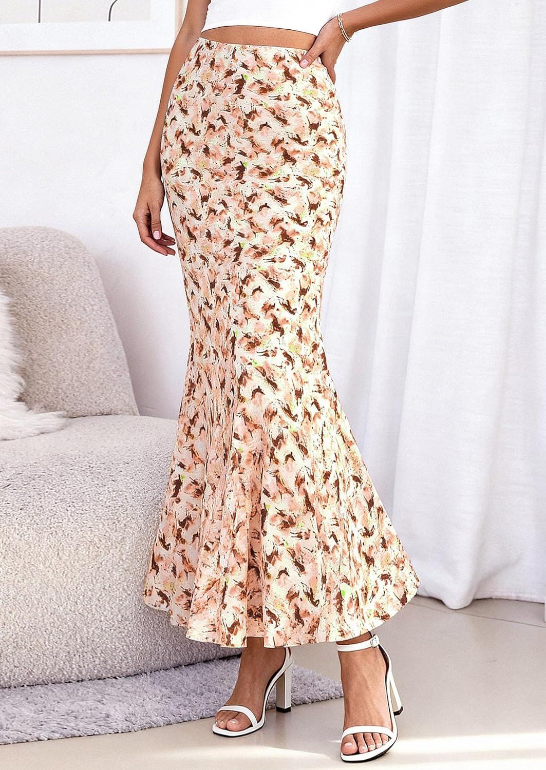 imagePRETTYGARDEN Maxi Skirts for Women 2026 Summer Flowy High Waisted Polka Dot Mermaid Office Work Spring Fashion Long SkirtBrown Floral