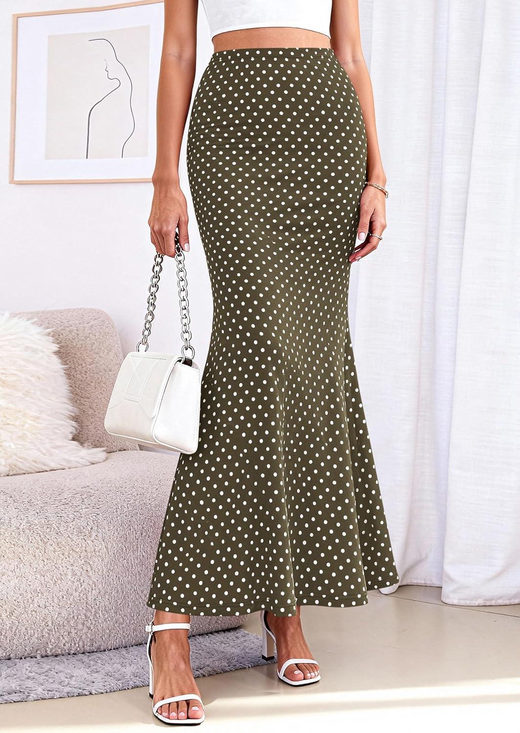 imagePRETTYGARDEN Maxi Skirts for Women 2026 Summer Flowy High Waisted Polka Dot Mermaid Office Work Spring Fashion Long SkirtDot Army Green White