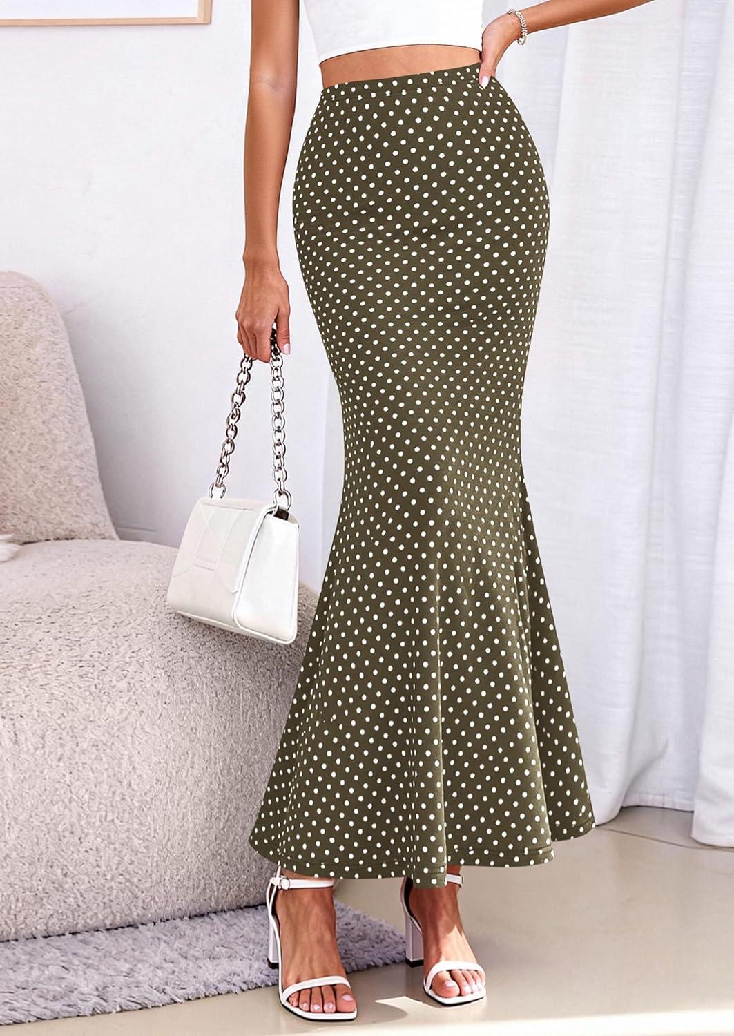 imagePRETTYGARDEN Maxi Skirts for Women 2026 Summer Flowy High Waisted Polka Dot Mermaid Office Work Spring Fashion Long SkirtDot Army Green White