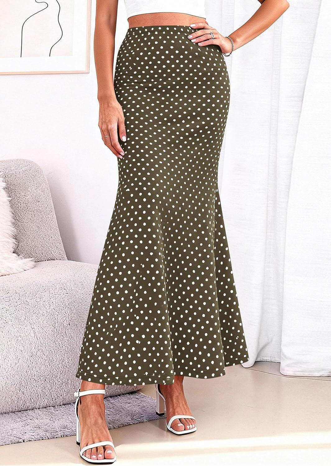 imagePRETTYGARDEN Maxi Skirts for Women 2026 Summer Flowy High Waisted Polka Dot Mermaid Office Work Spring Fashion Long SkirtDot Army Green White