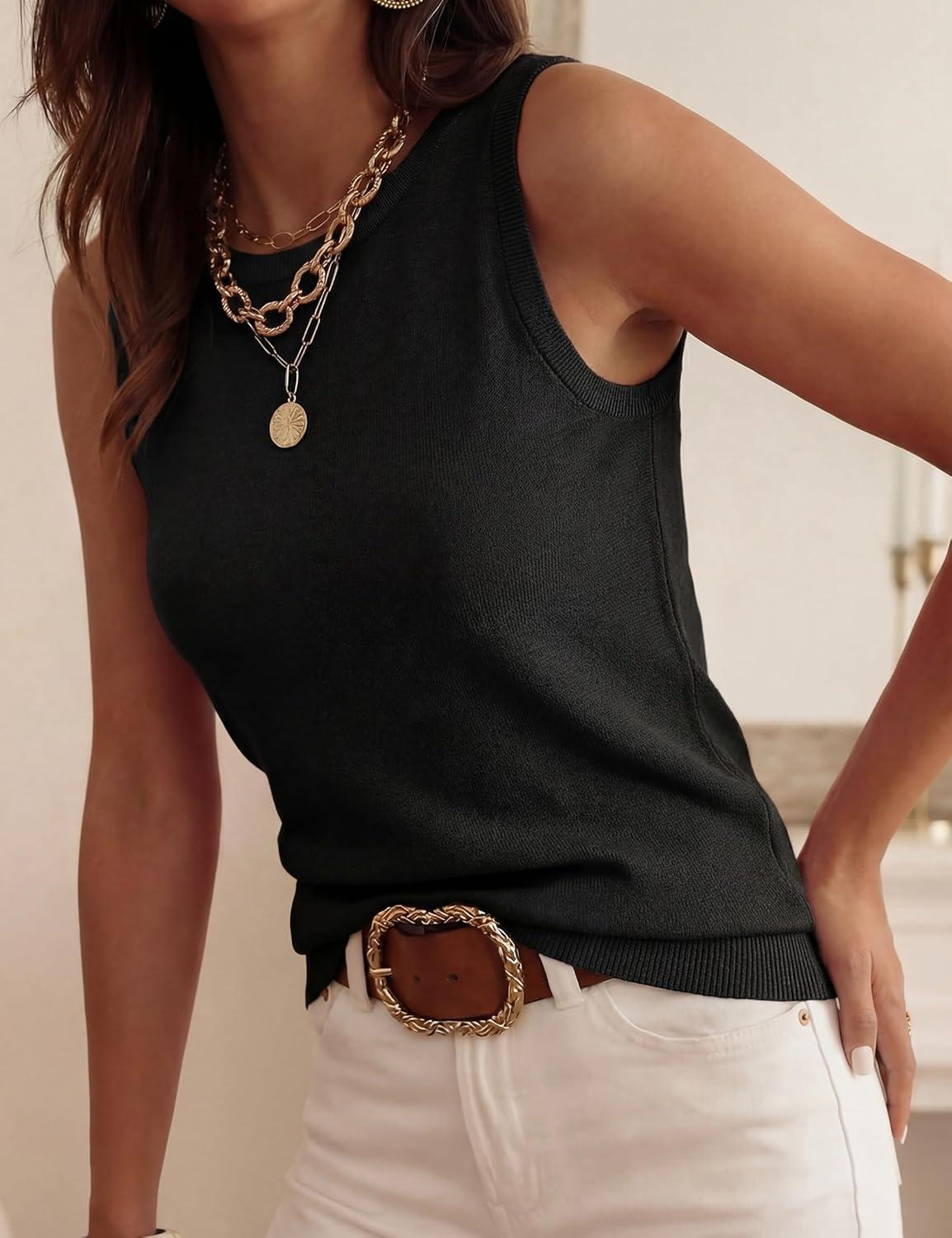 imagePRETTYGARDEN Sleeveless Sweater Tops for Women 2026 Summer Dressy Ribbed Tank Tops Spring Business Casual Work Shirts BlousesBlack