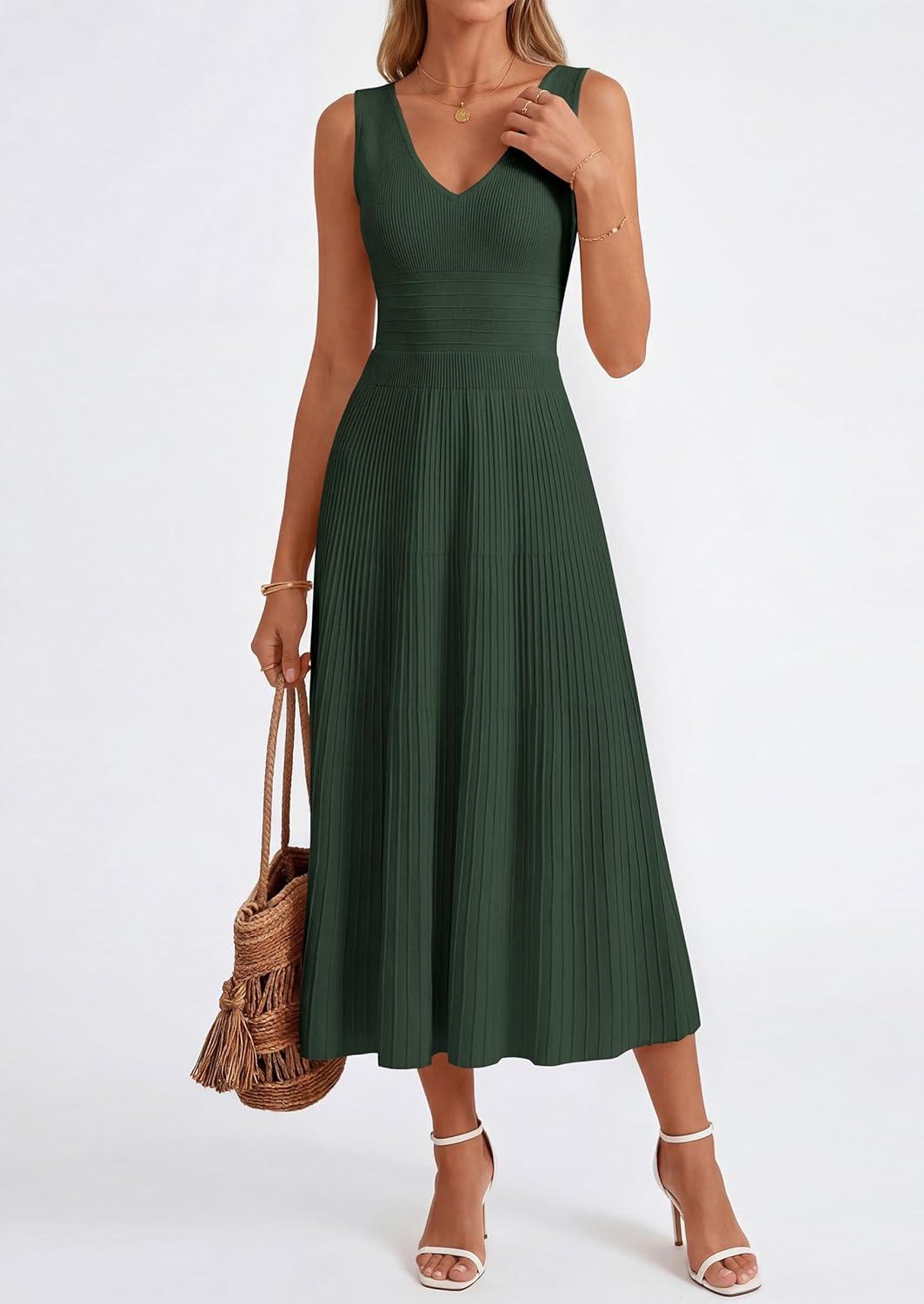imagePRETTYGARDEN Womens Summer Casual Dresses 2026 Spring Sleeveless V Neck Knit Midi Business Work A Line Cocktail DressArmy Green