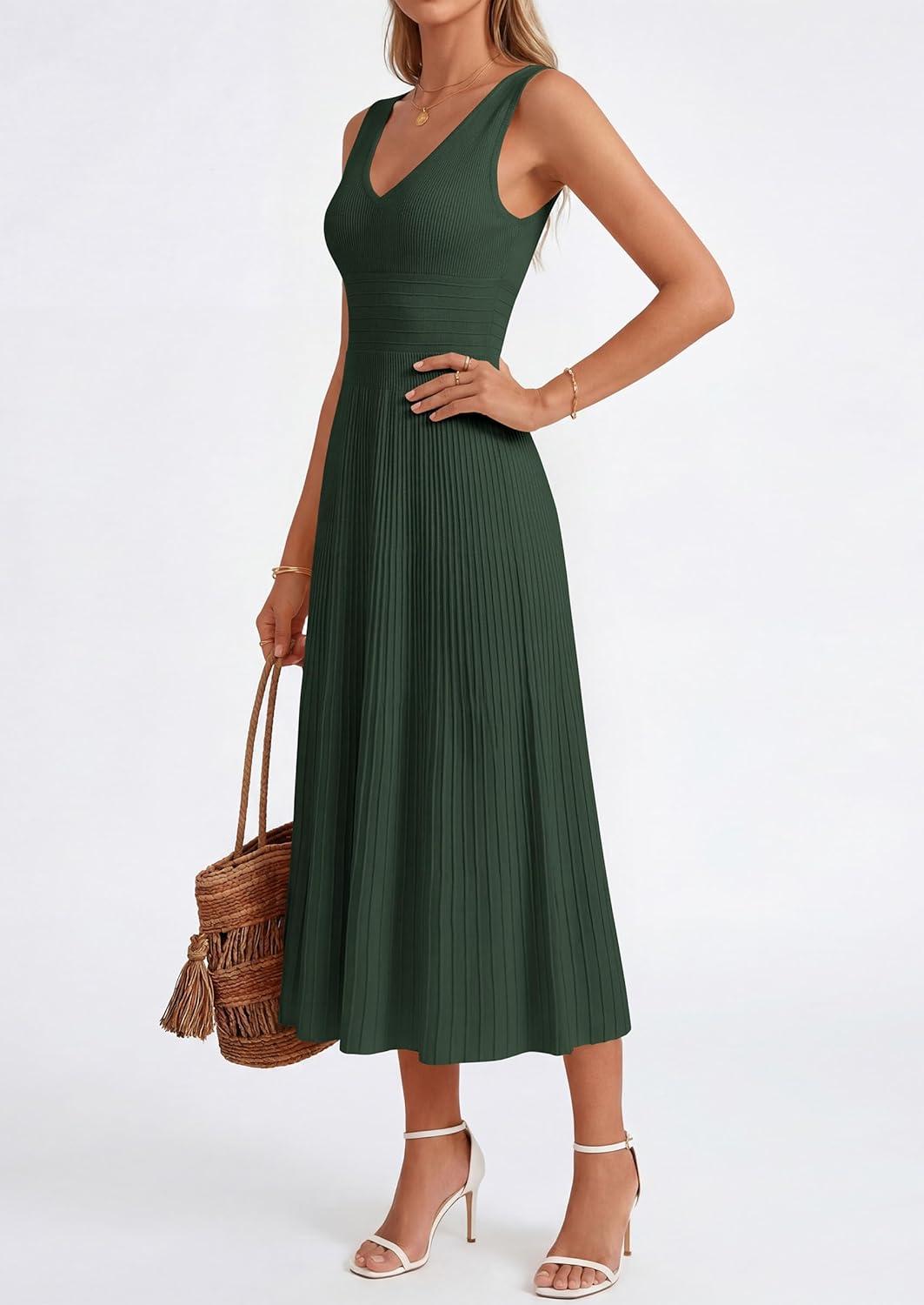 imagePRETTYGARDEN Womens Summer Casual Dresses 2026 Spring Sleeveless V Neck Knit Midi Business Work A Line Cocktail DressArmy Green