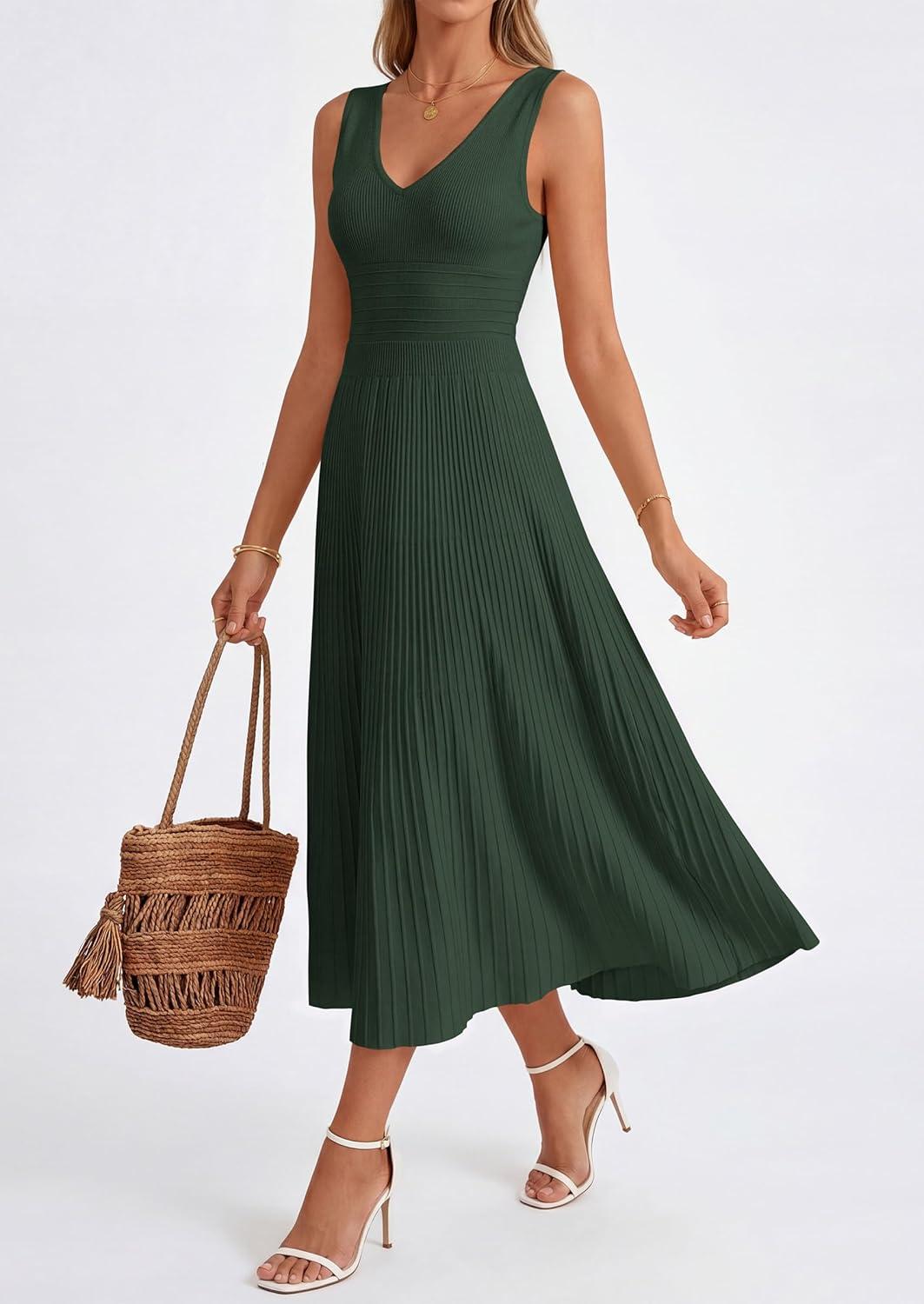 imagePRETTYGARDEN Womens Summer Casual Dresses 2026 Spring Sleeveless V Neck Knit Midi Business Work A Line Cocktail DressArmy Green