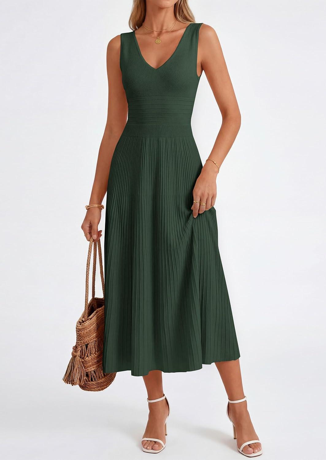 imagePRETTYGARDEN Womens Summer Casual Dresses 2026 Spring Sleeveless V Neck Knit Midi Business Work A Line Cocktail DressArmy Green