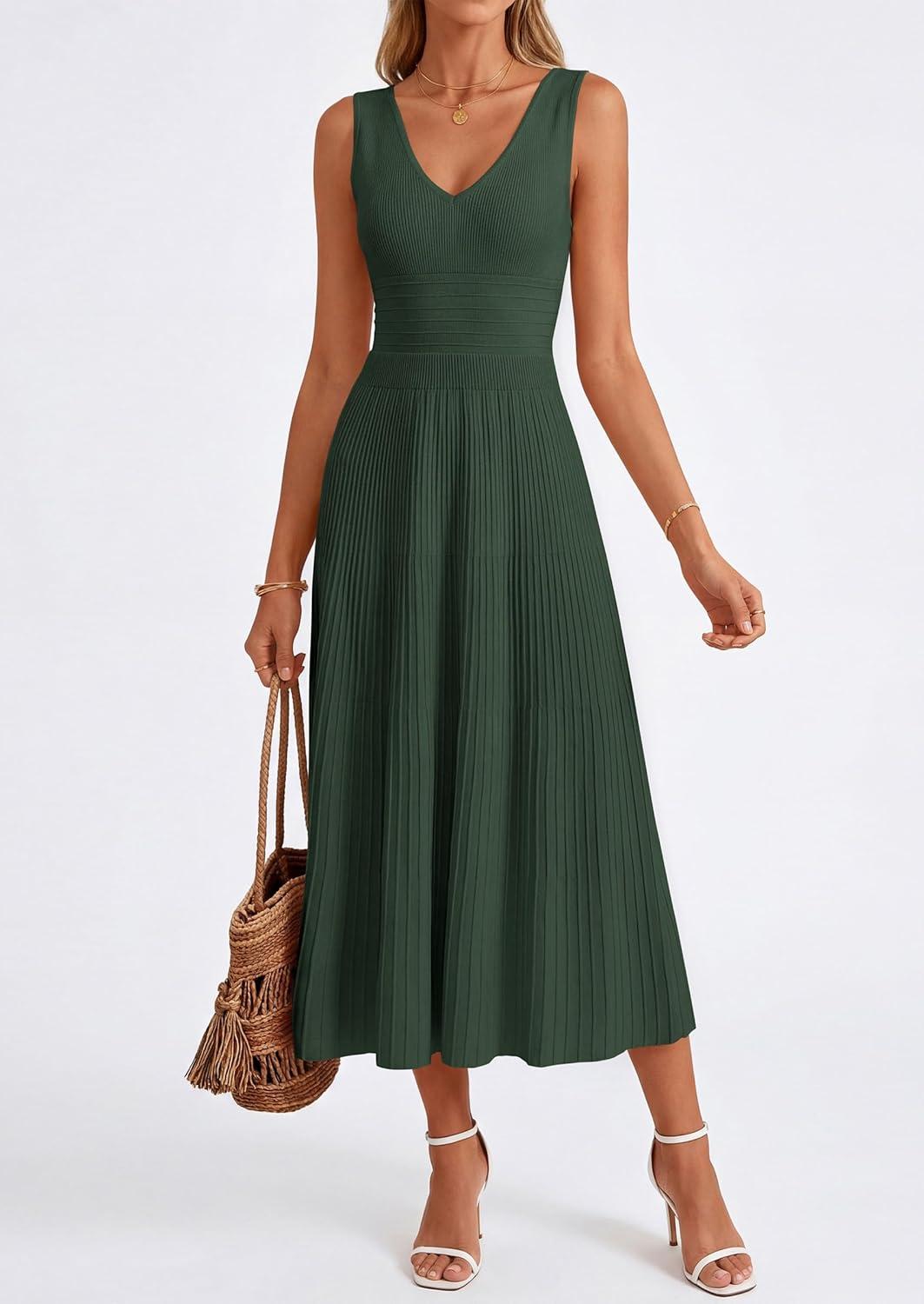 imagePRETTYGARDEN Womens Summer Casual Dresses 2026 Spring Sleeveless V Neck Knit Midi Business Work A Line Cocktail DressArmy Green