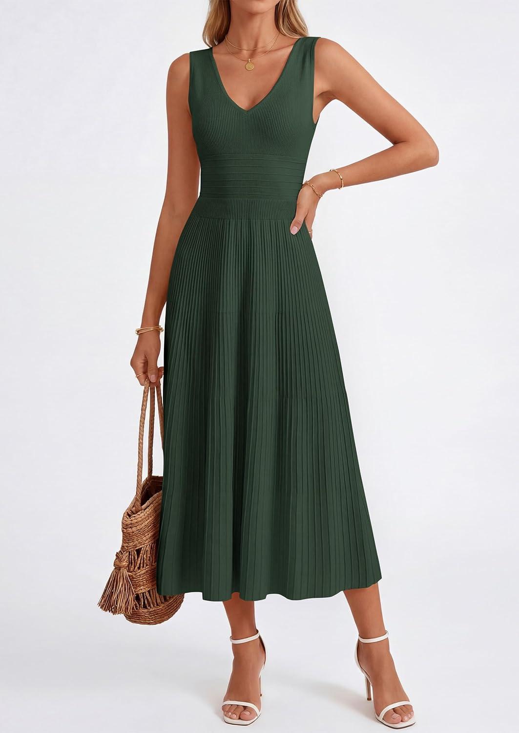 imagePRETTYGARDEN Womens Summer Casual Dresses 2026 Spring Sleeveless V Neck Knit Midi Business Work A Line Cocktail DressArmy Green