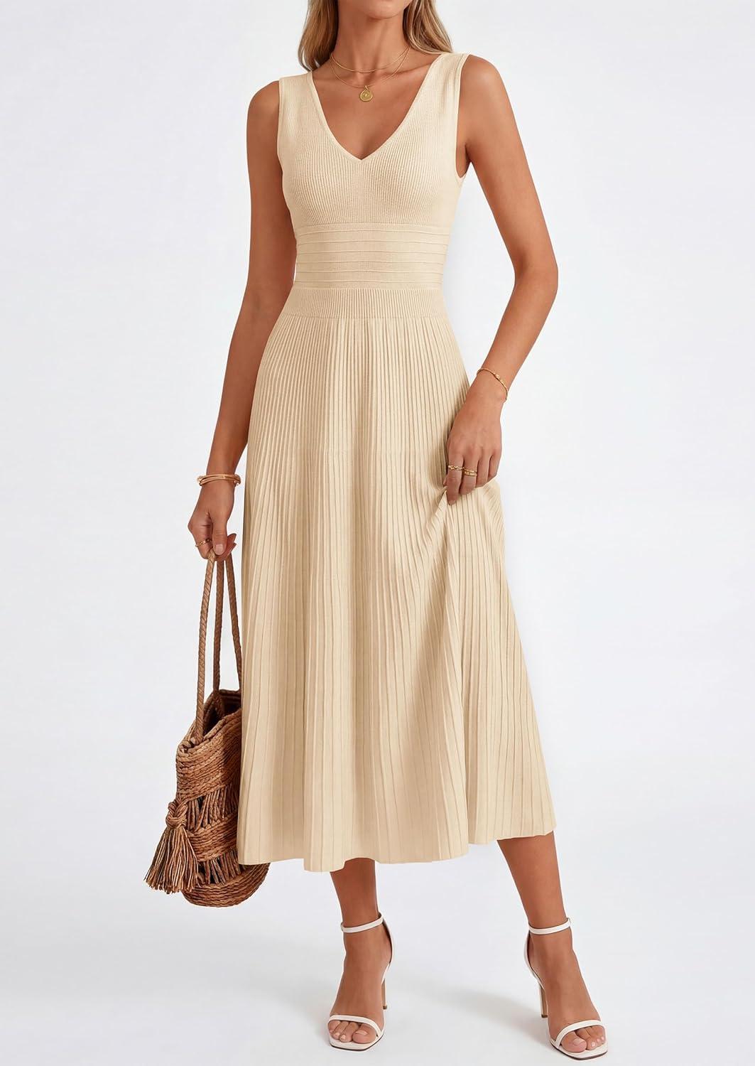 imagePRETTYGARDEN Womens Summer Casual Dresses 2026 Spring Sleeveless V Neck Knit Midi Business Work A Line Cocktail DressBeige