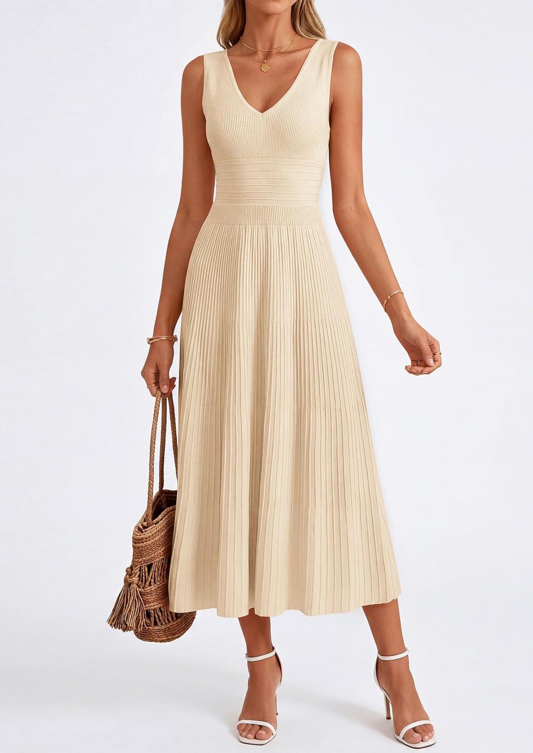 imagePRETTYGARDEN Womens Summer Casual Dresses 2026 Spring Sleeveless V Neck Knit Midi Business Work A Line Cocktail DressBeige
