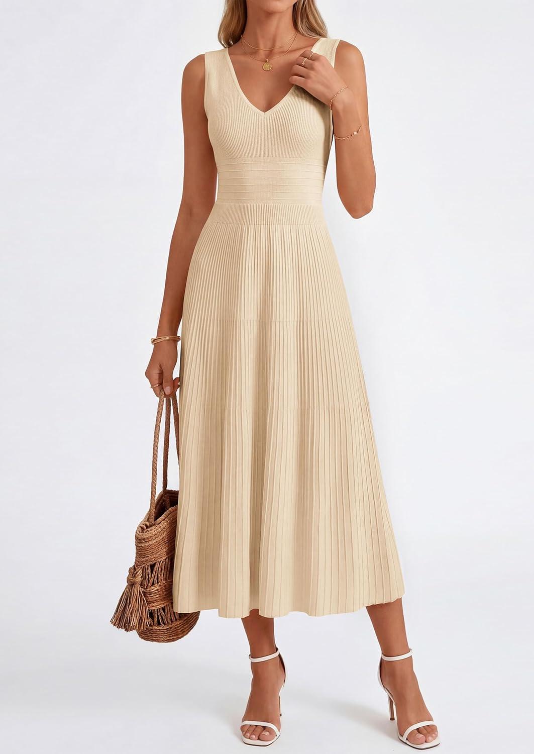 imagePRETTYGARDEN Womens Summer Casual Dresses 2026 Spring Sleeveless V Neck Knit Midi Business Work A Line Cocktail DressBeige