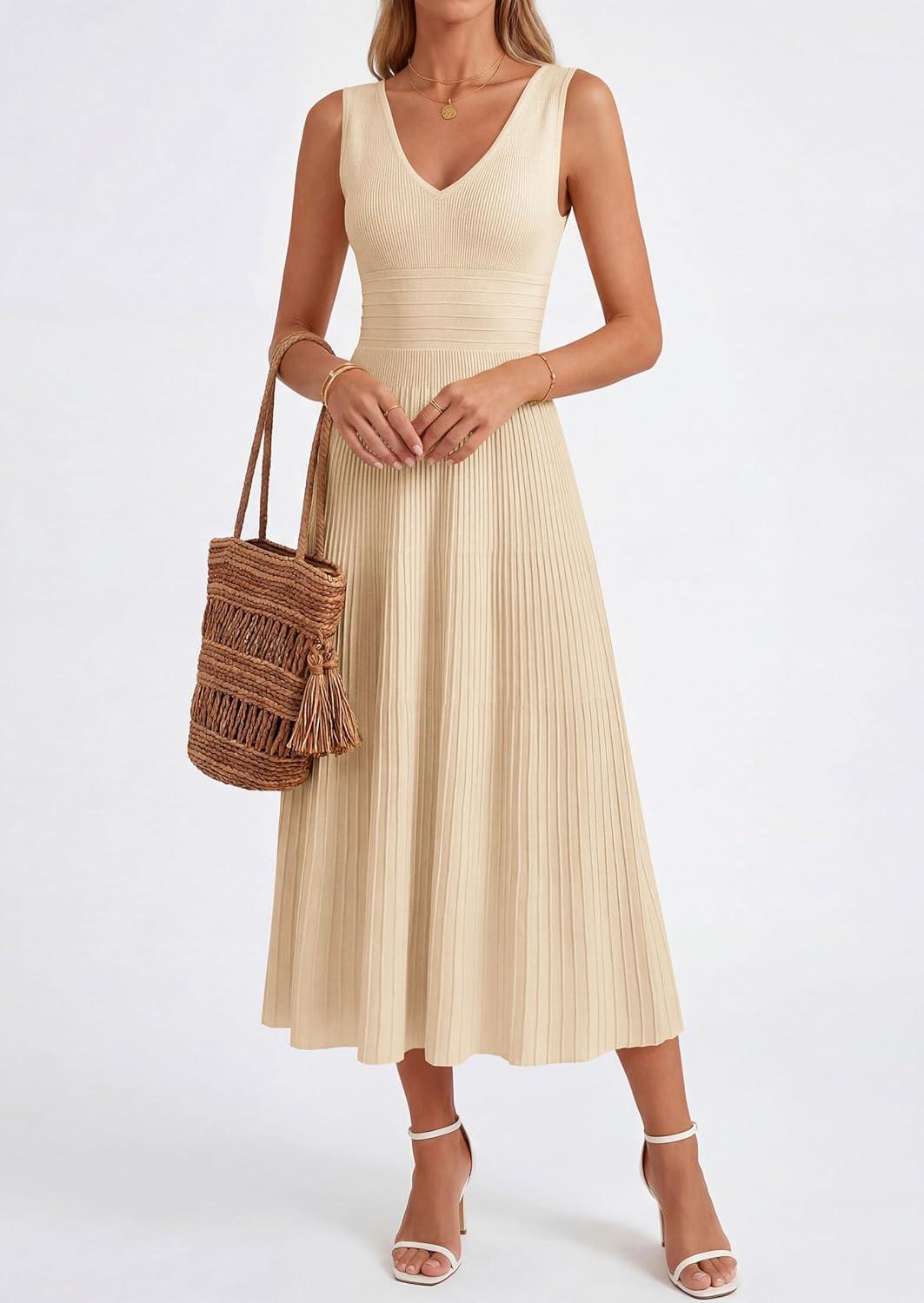 imagePRETTYGARDEN Womens Summer Casual Dresses 2026 Spring Sleeveless V Neck Knit Midi Business Work A Line Cocktail DressBeige