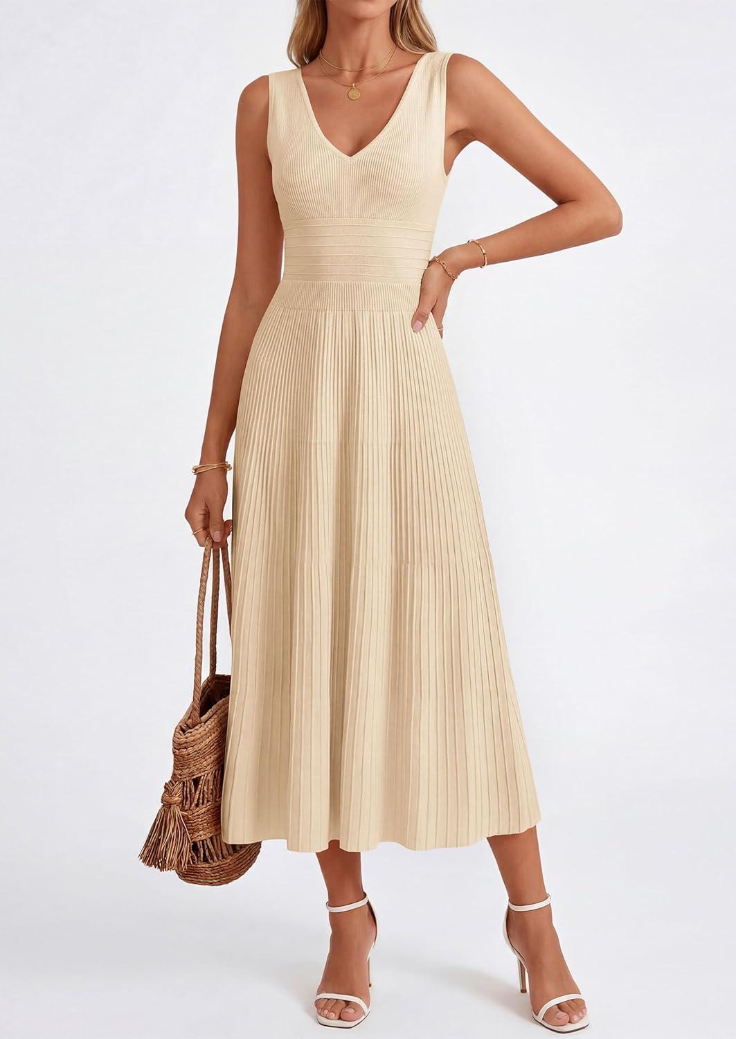 imagePRETTYGARDEN Womens Summer Casual Dresses 2026 Spring Sleeveless V Neck Knit Midi Business Work A Line Cocktail DressBeige